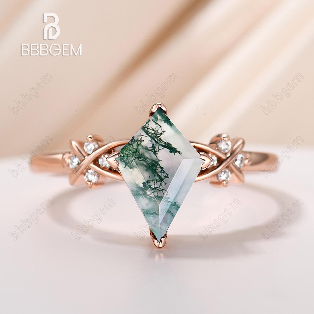 moss agate kite engagement ring-kite cut moss agate ring-moss agate jewelry-BBBGEM