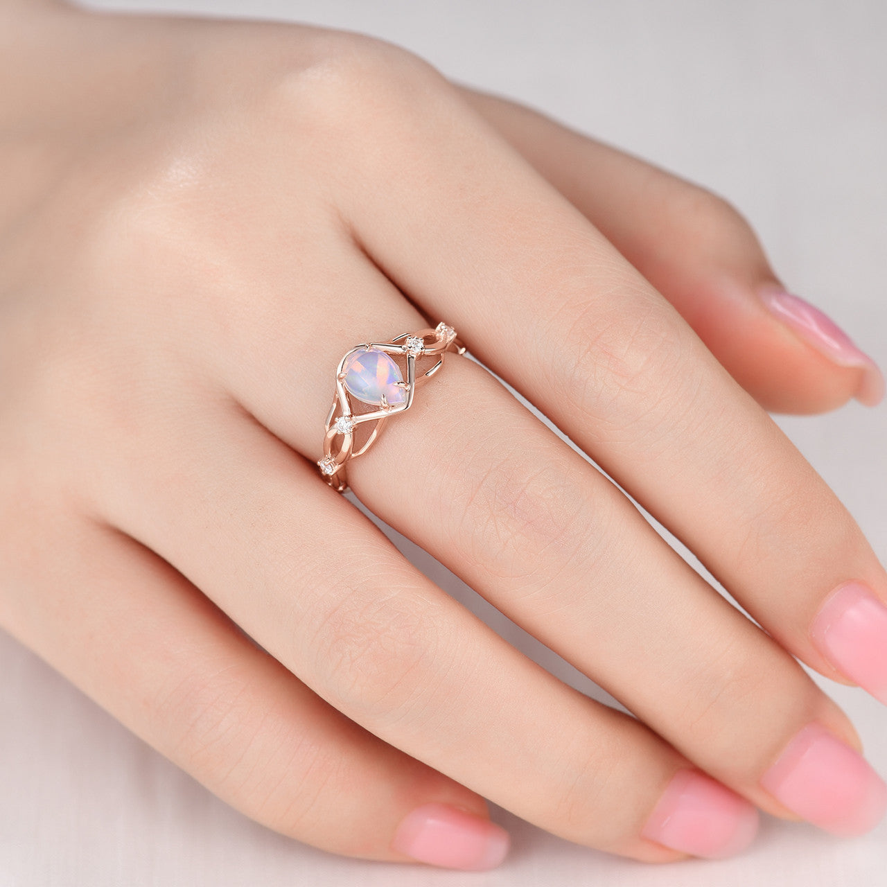 natural fire opal ring 14k rose gold-australian natural opal engagement rings-nature inspired twig vine opal ring-bbbgem jewelry