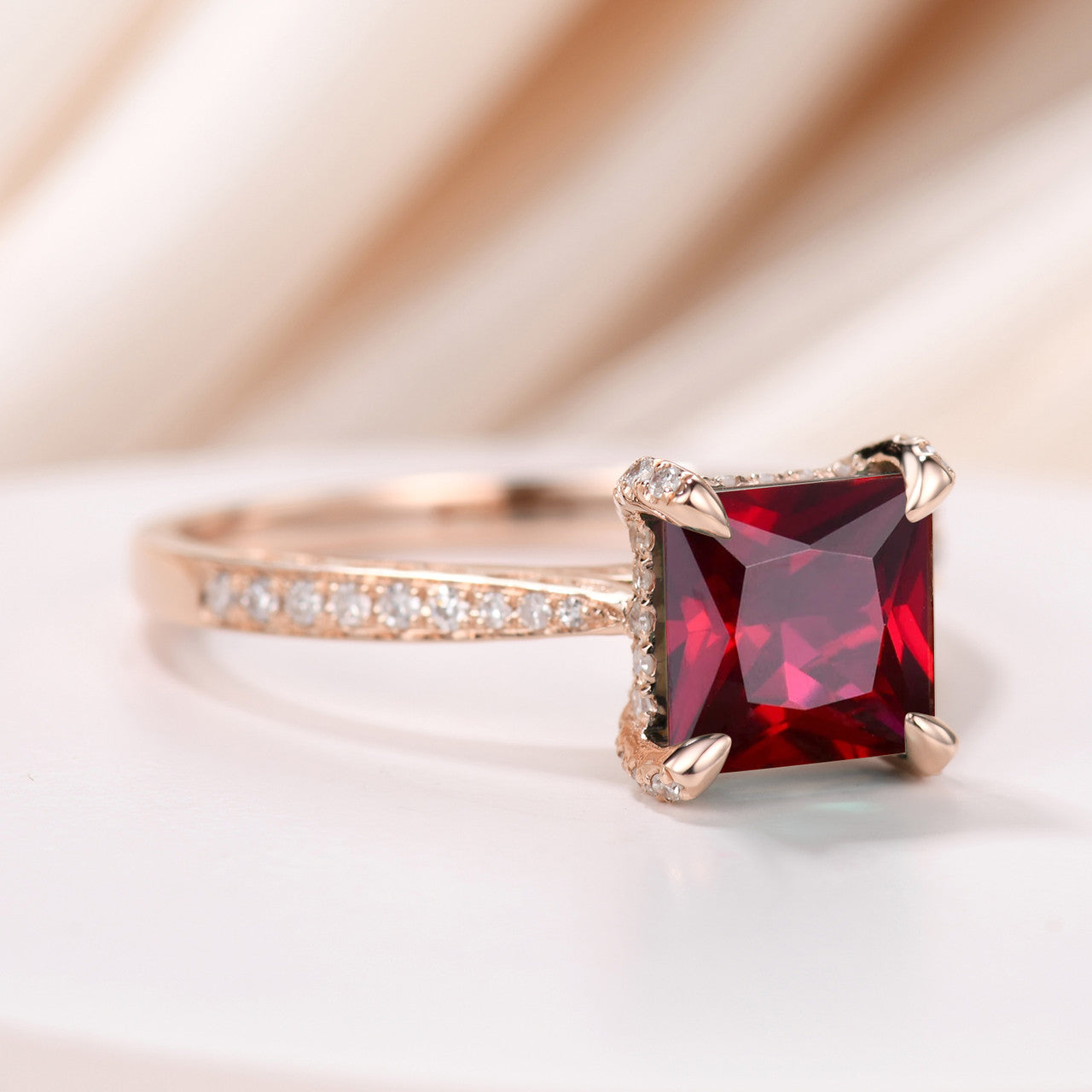 natural garnet Princess Cut 7mm Diamond Engagement Ring-cathedral ring with princess garnet