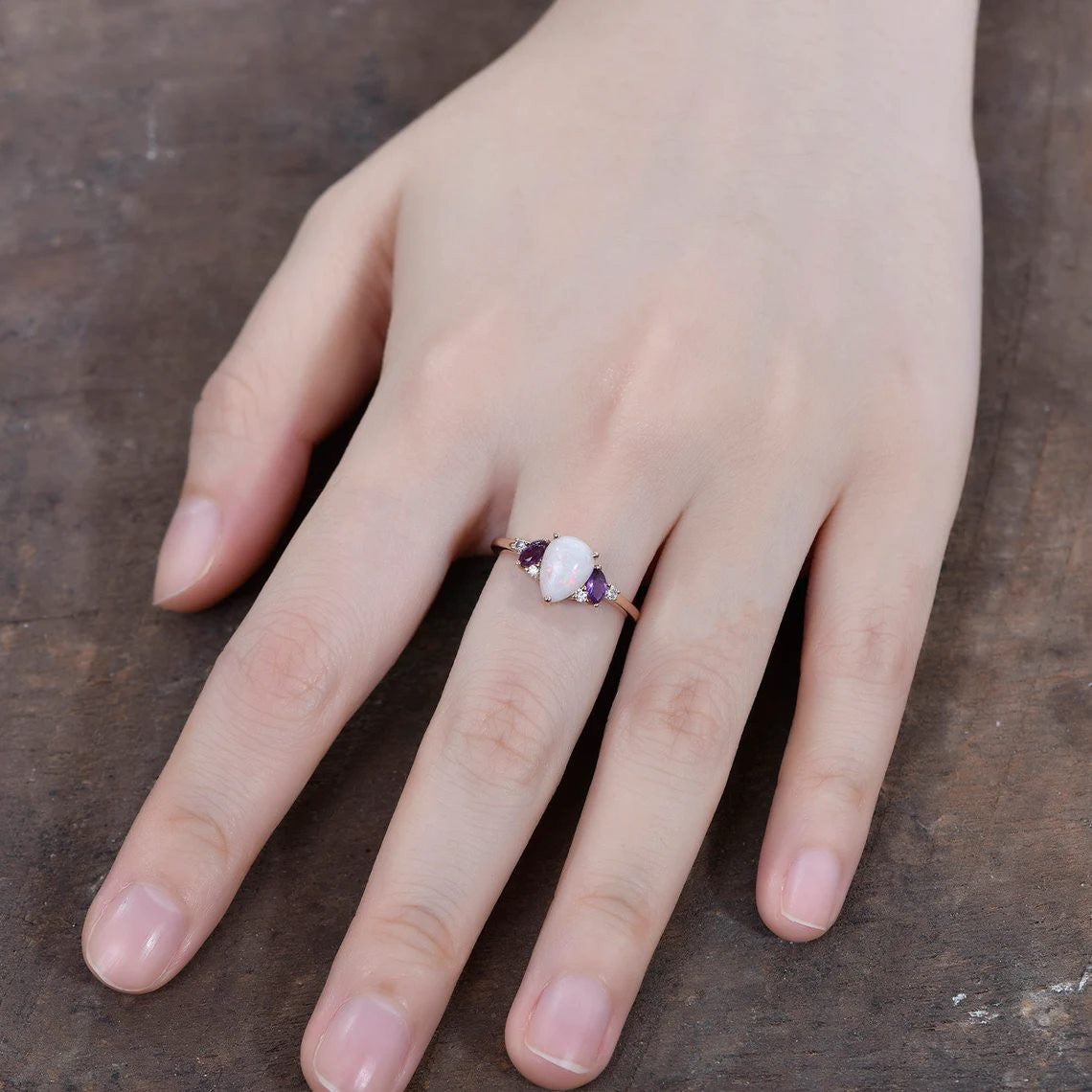 natural opal ring-Vintage Natural Australia Opal Ametyst Crystal Ring-October Birthstone Ring Opal-BBBGEM opal Jewelry