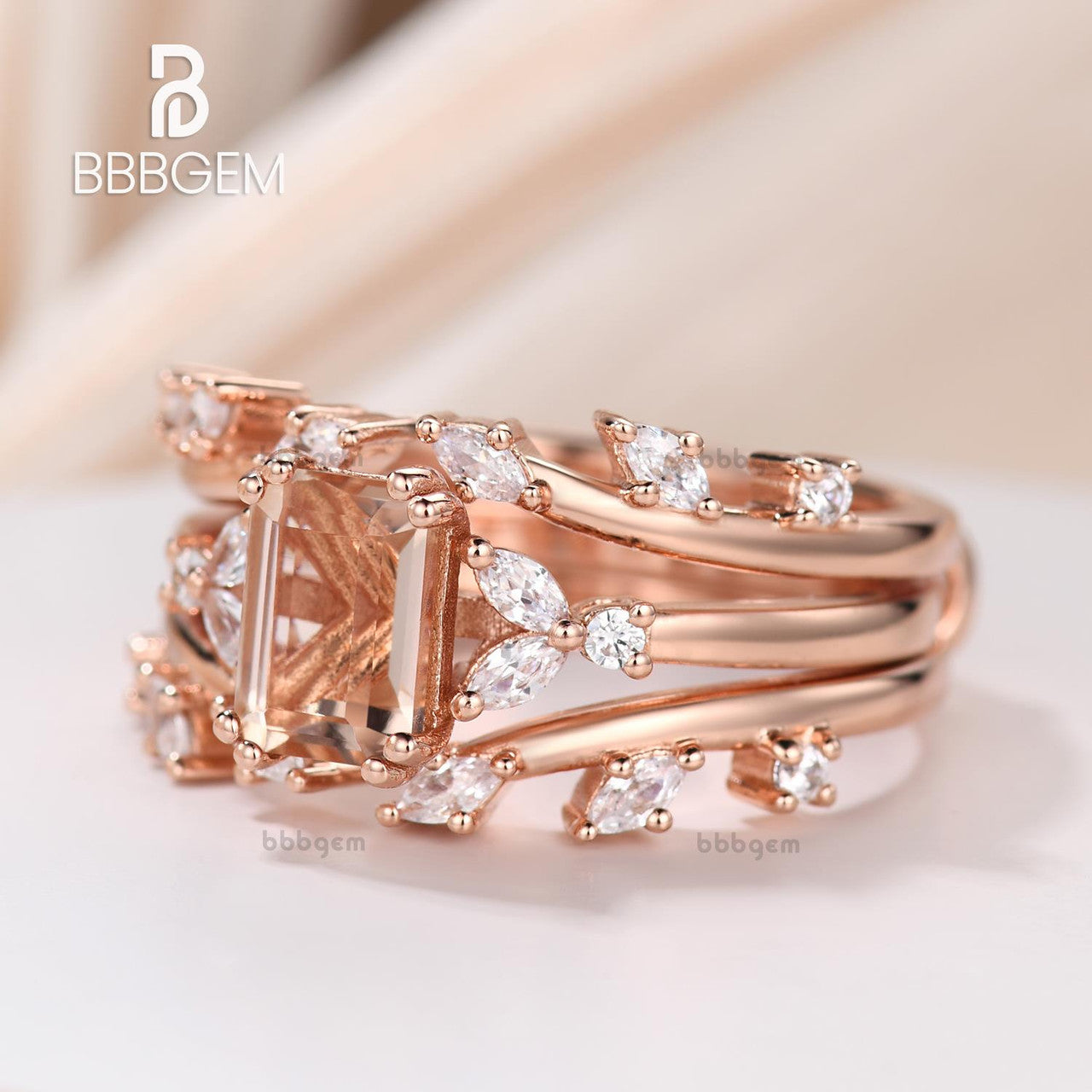 nature inspired morganite ring set with double vine leaf ring band-marquise diamond nested stacking band