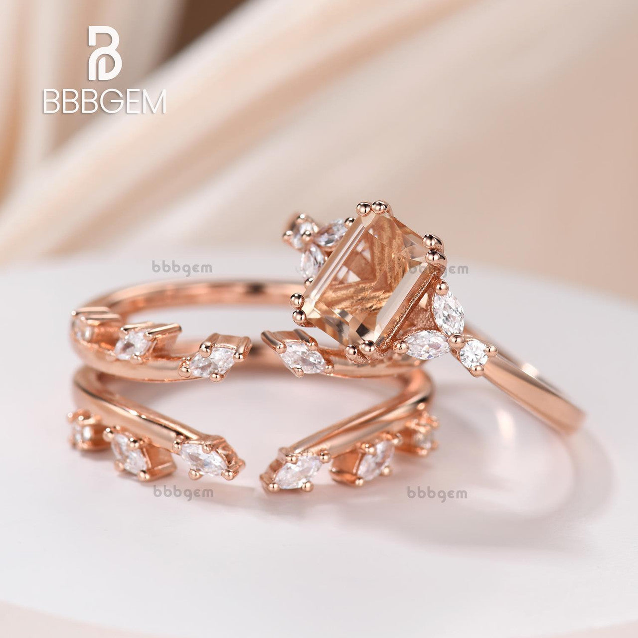 nature inspired morganite ring set with double vine leaf ring band-marquise diamond nested stacking band