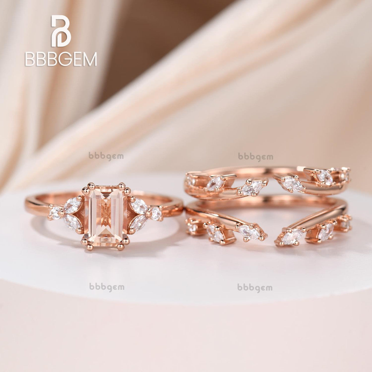 nature inspired morganite ring set with double vine leaf ring band-marquise diamond nested stacking band