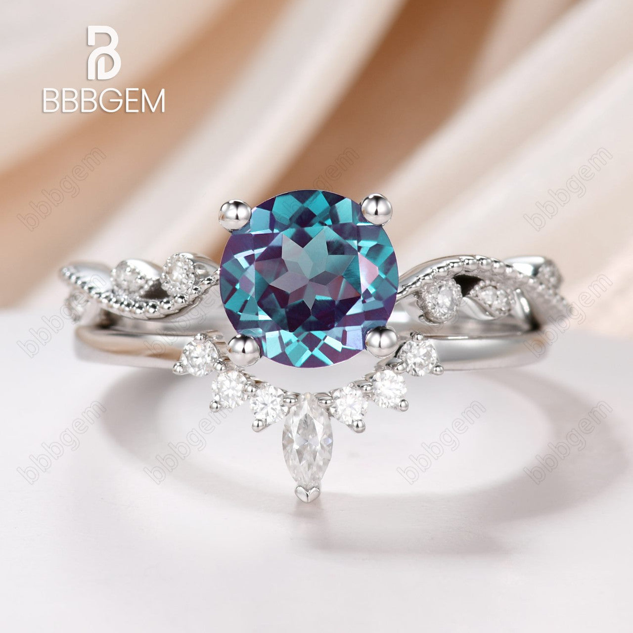 nature inspired round alexandrite moissanite wedding ring set-vintage alexandrite ring set twisted vine-bbbgem