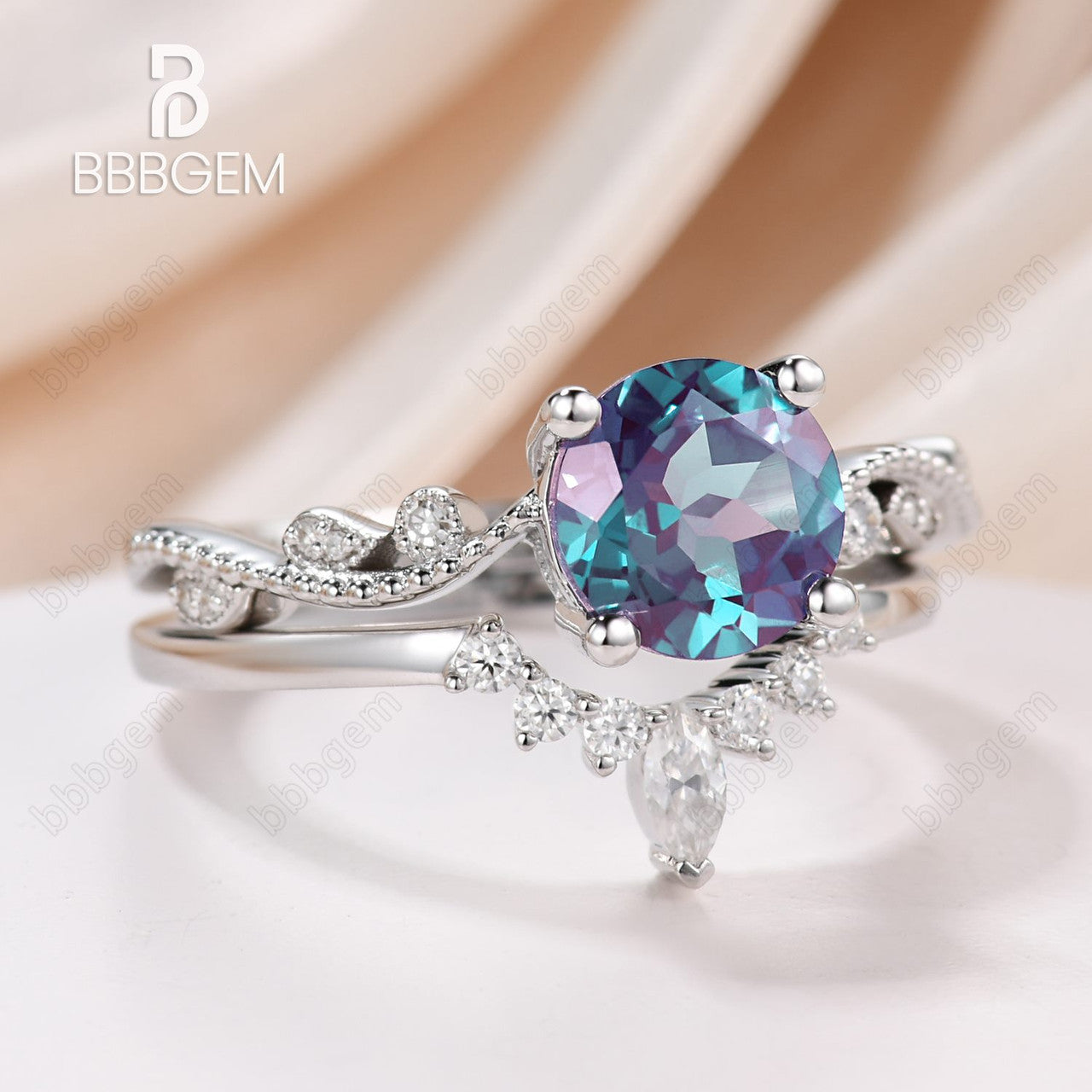 nature inspired round alexandrite moissanite wedding ring set-vintage alexandrite ring set twisted vine-bbbgem