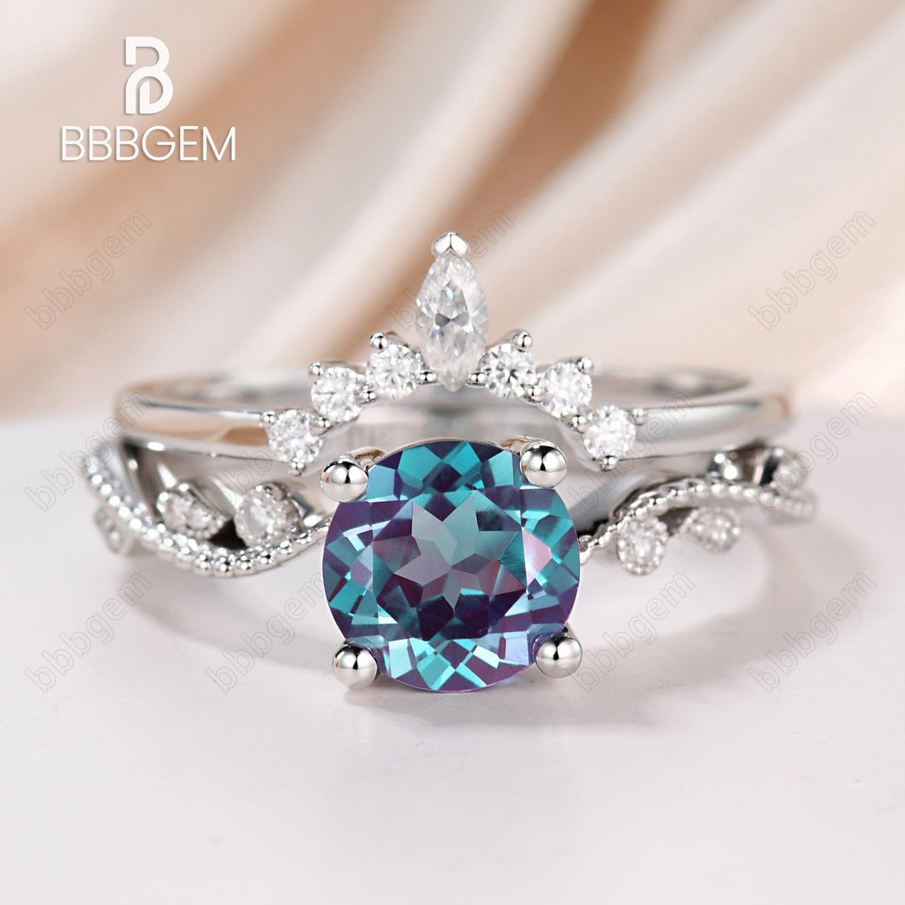 nature inspired round alexandrite moissanite wedding ring set-vintage alexandrite ring set twisted vine-bbbgem