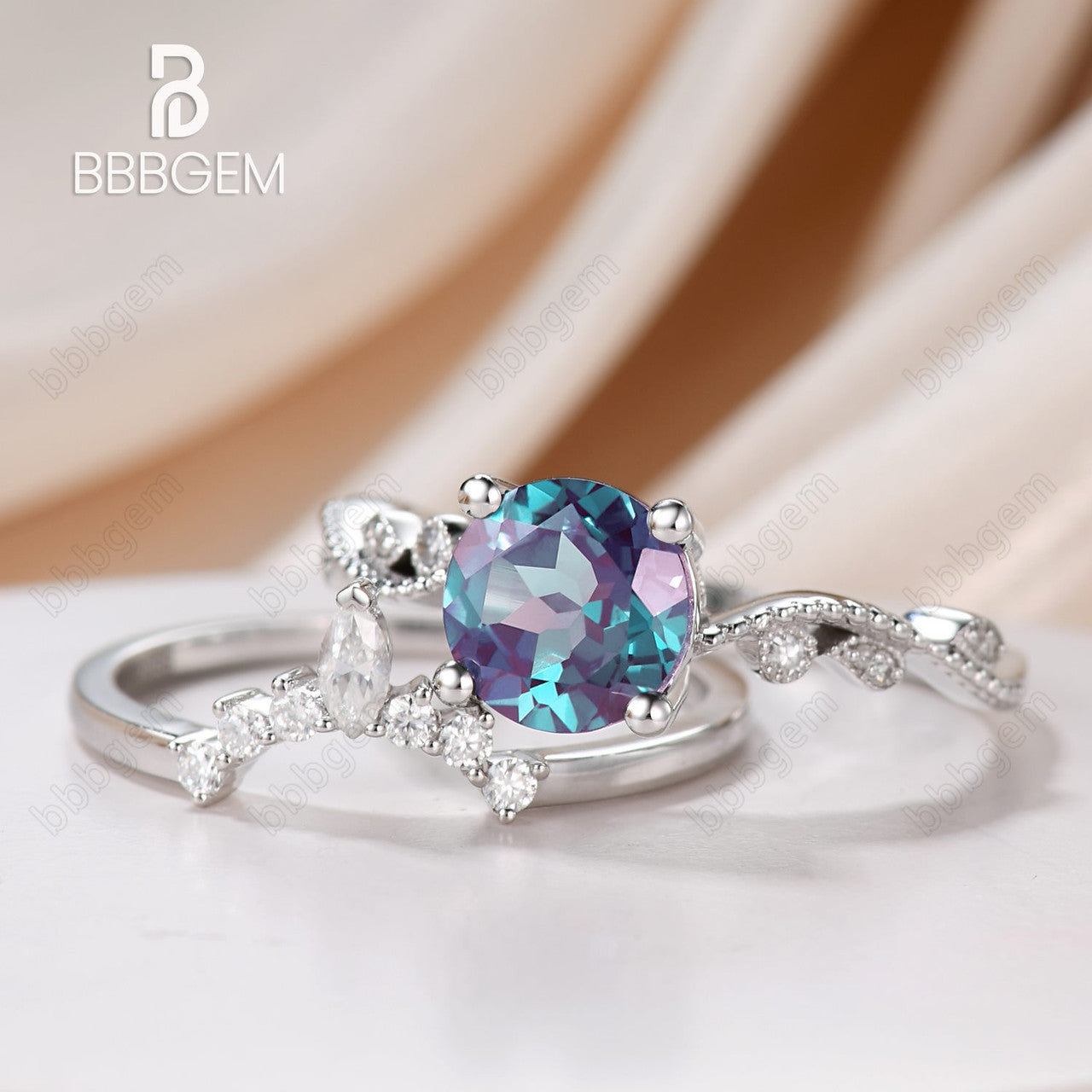 nature inspired round alexandrite moissanite wedding ring set-vintage alexandrite ring set twisted vine-bbbgem