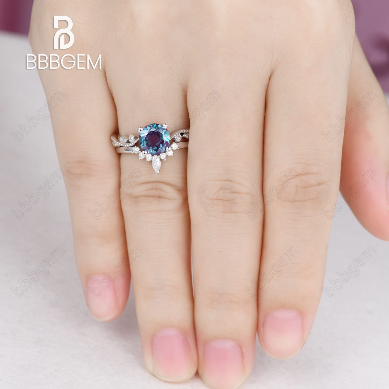 nature inspired round alexandrite moissanite wedding ring set-vintage alexandrite ring set twisted vine-bbbgem
