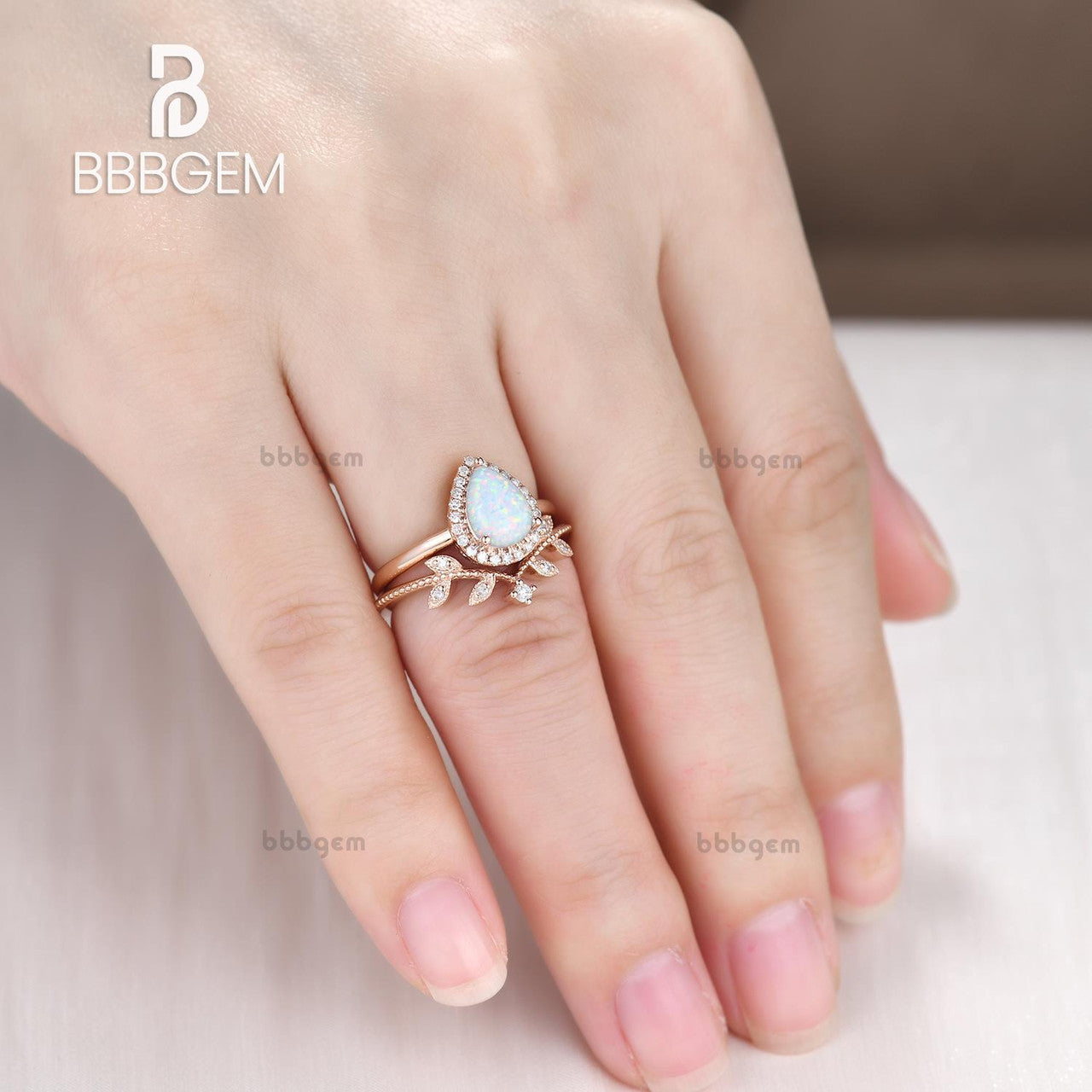 opal and diamond wedding set-vintage diamond halo opal ring set-bbbgem opal gemstone ring set 2pcs