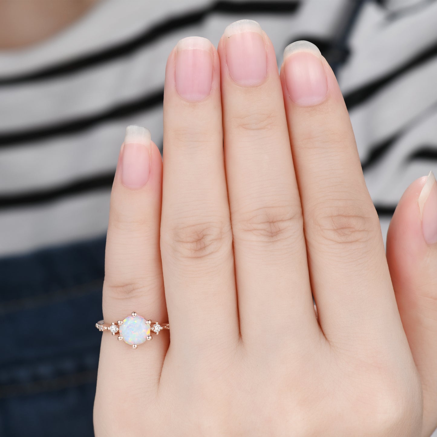 Round Opal and Diamond Engagement Ring Classic Six Claws Five Stones Ring