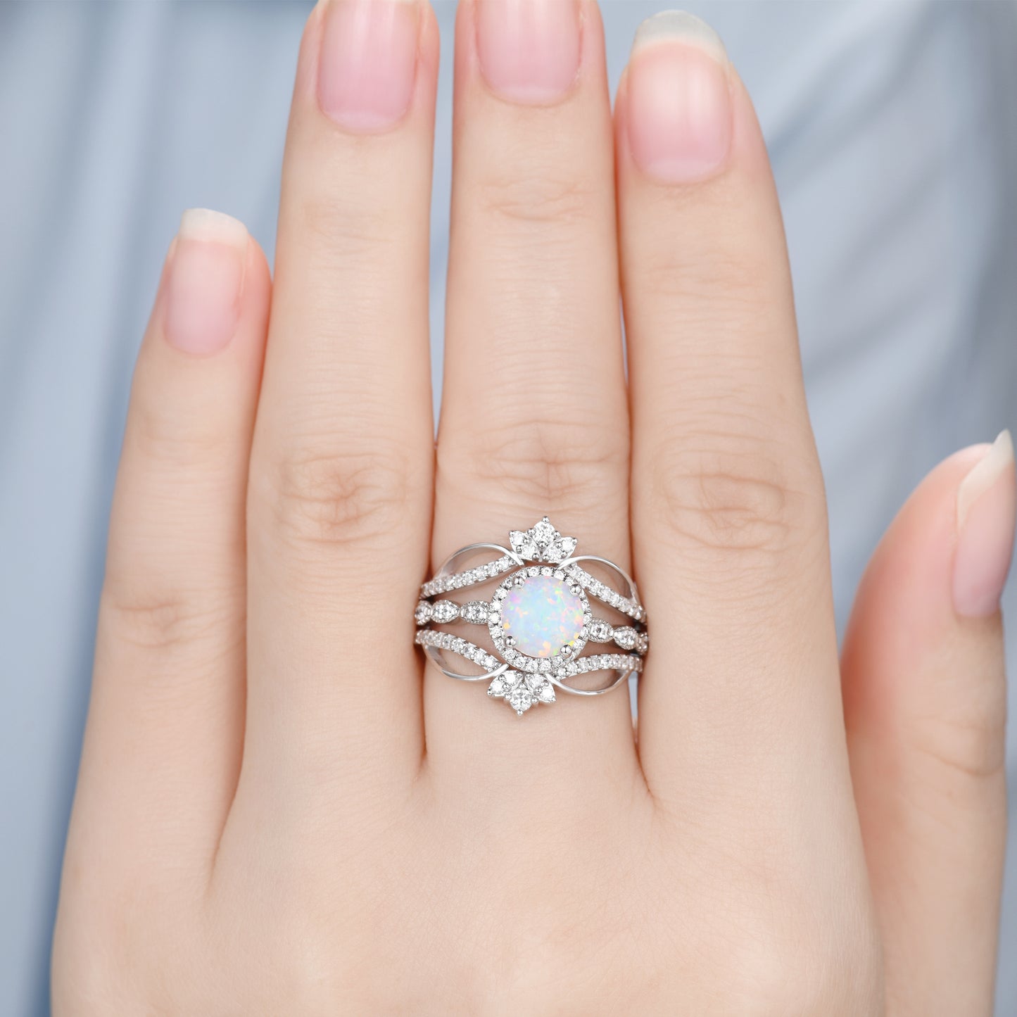 Crown Round White Opal Bridal Ring Set and Moissanite Wedding Band Cluster Design