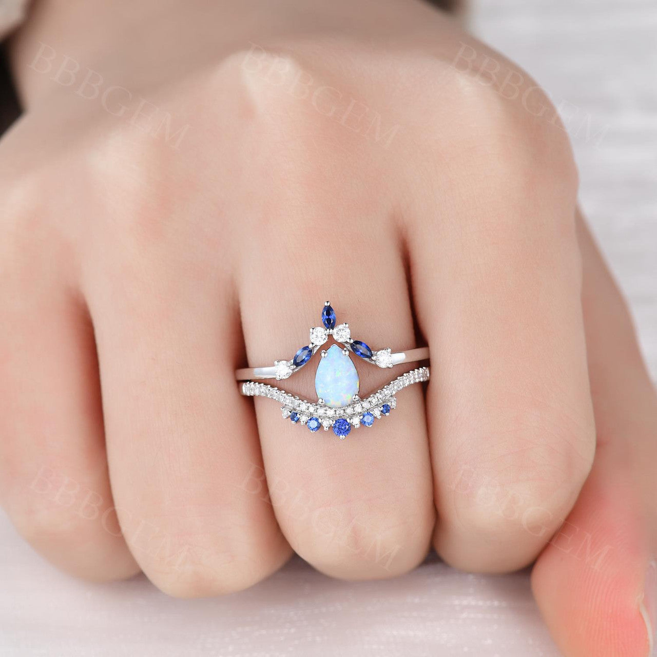 pear opal wedding ring set-opal rings for women-pear opal ring set white gold-opal sapphire bridal sets-bbbgem