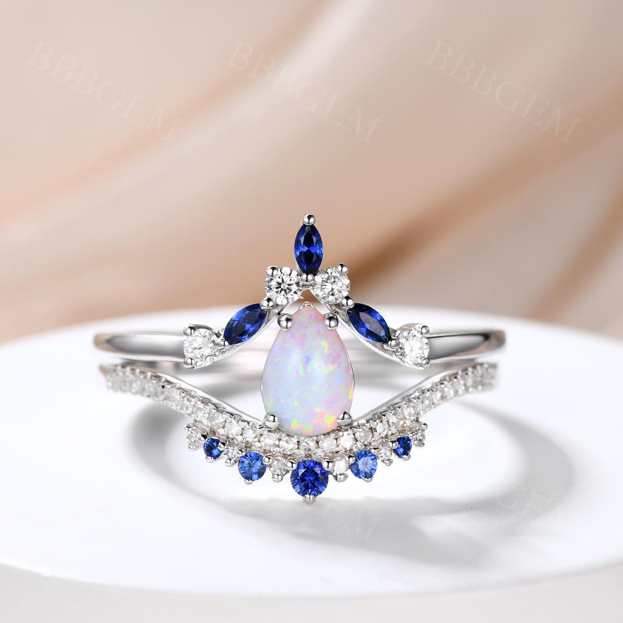 genuine opal-opal rings for women-pear opal ring set white gold-opal sapphire bridal sets-bbbgem