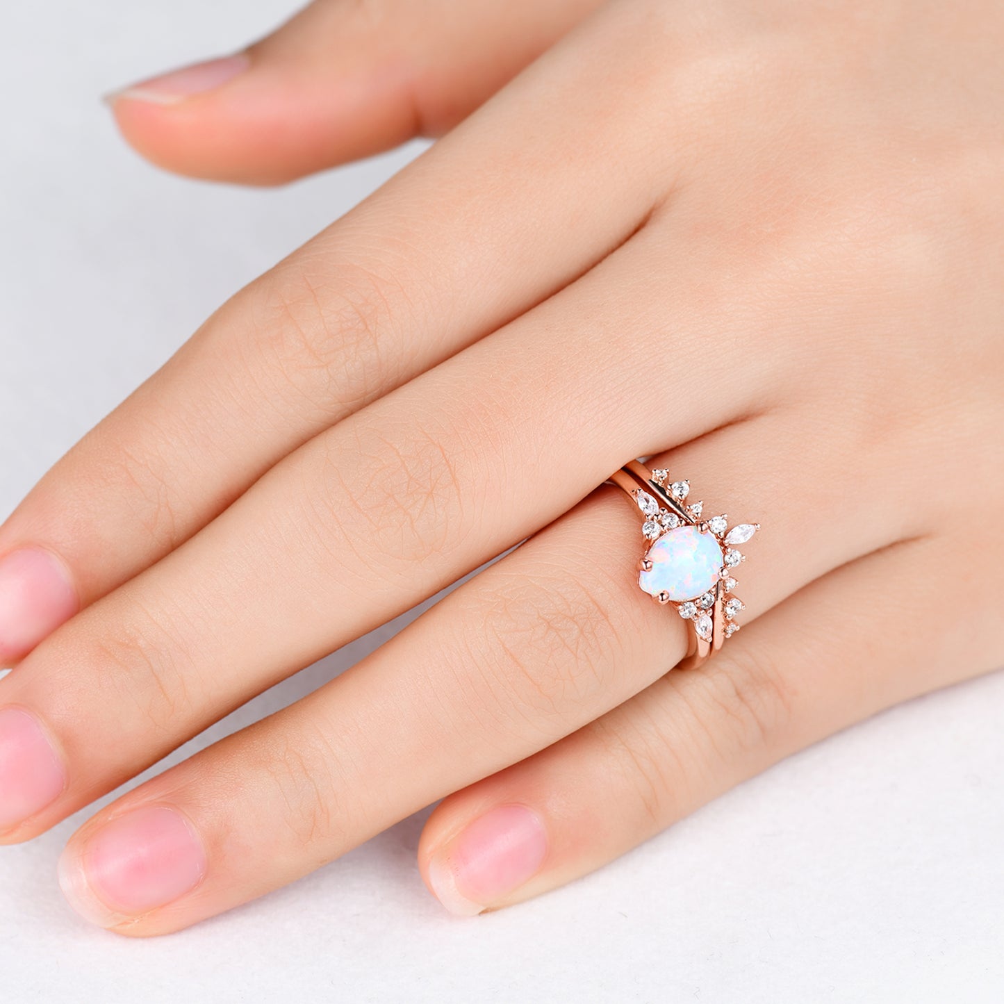 Pear Shaped Opal Bridal Ring Set and Moissanite Wedding Band Chevron Crown Design