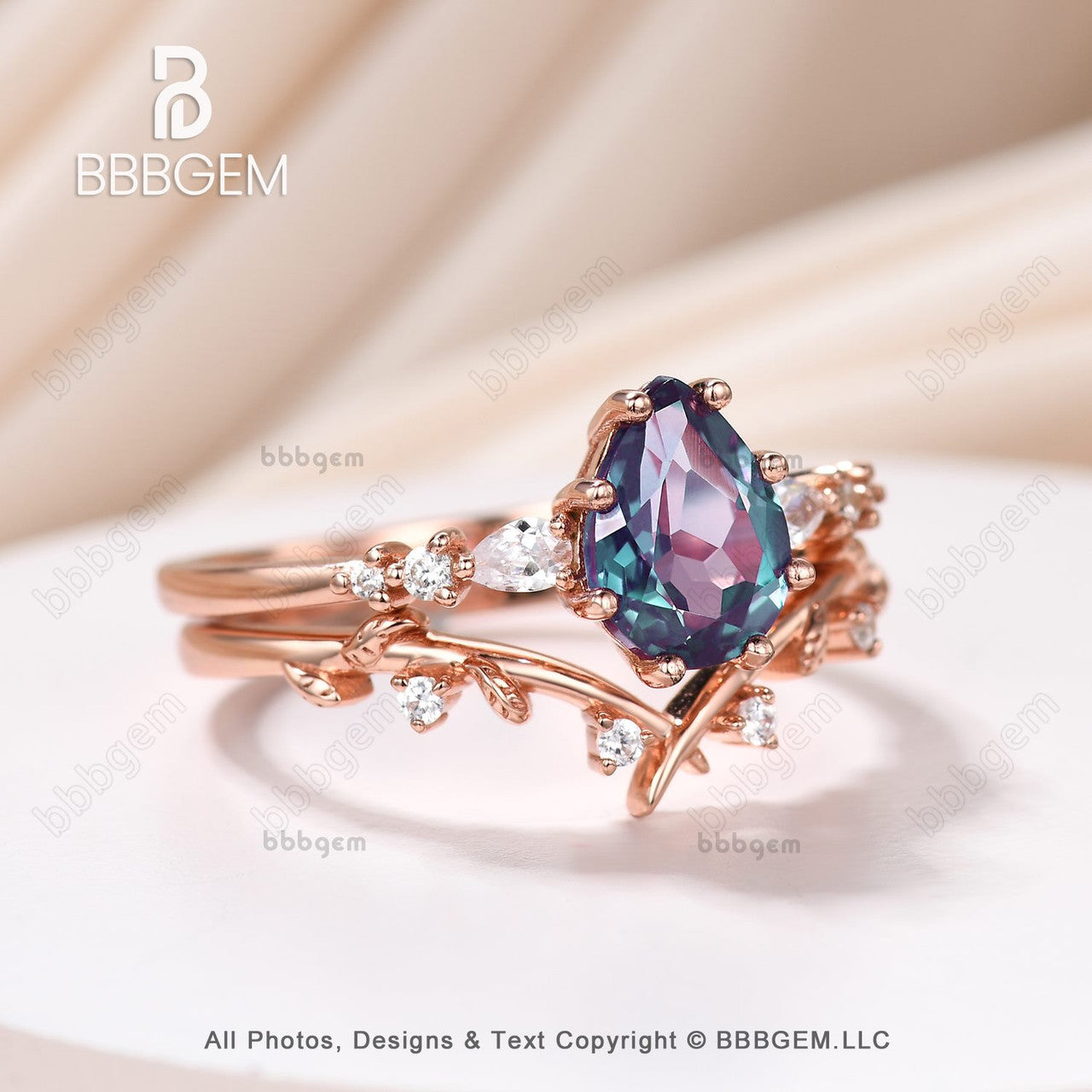 Art Deco Pear Lab Alexandrite Promise Ring Set Moissanite Leaf Stacking Band Women Nature Inspired
