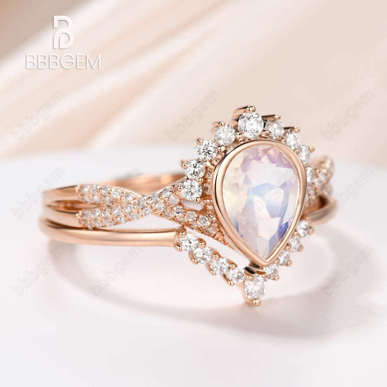 pear bezel moonstone ring set-rose gold moonstone diamond twisted wedding ring-bbbgem moonstone engagement rings set