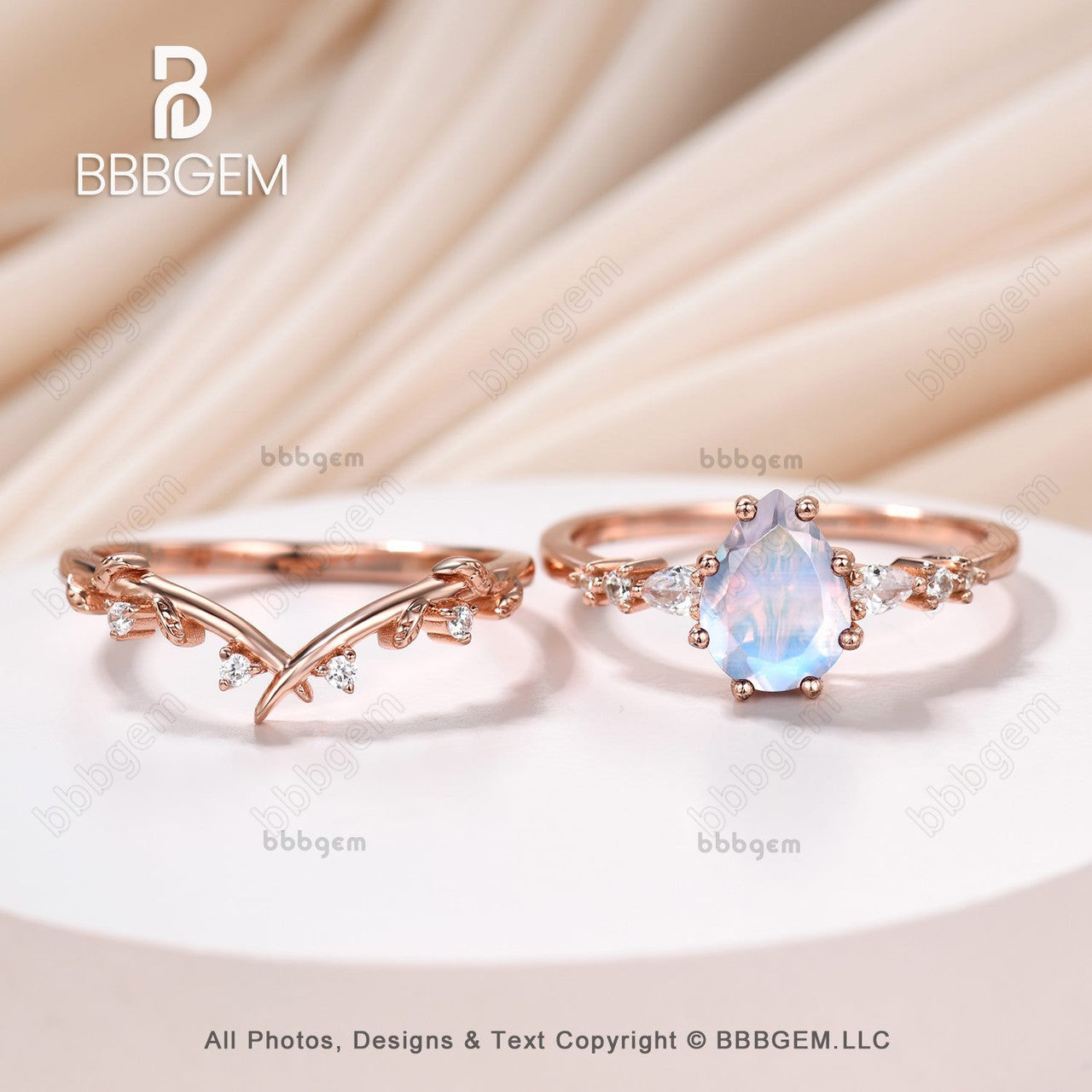 pear cut moonstone engagement ring set rose gold-pear moonstone wedding ring set-moonstone moissanite natural inpired ring set-bbbgem women jewelry
