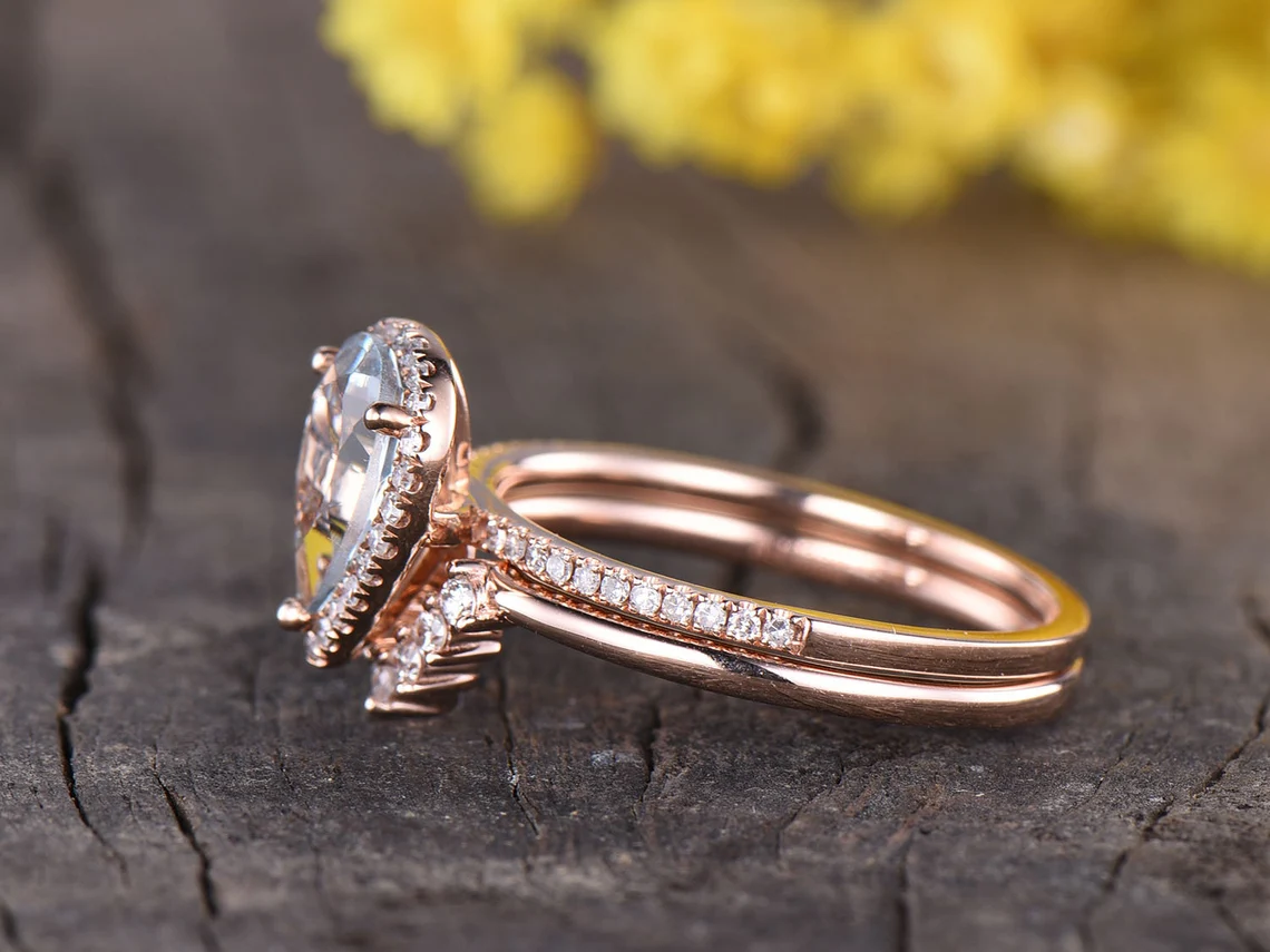 pear halo aquamarine ring set-teardrop aquamarine rings-bbbgem aquamarine jewelry