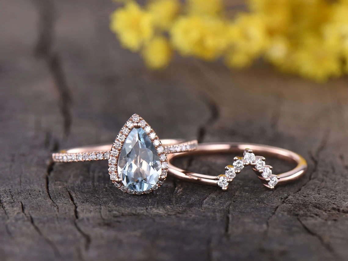 pear halo aquamarine ring set-teardrop aquamarine rings-bbbgem aquamarine jewelry