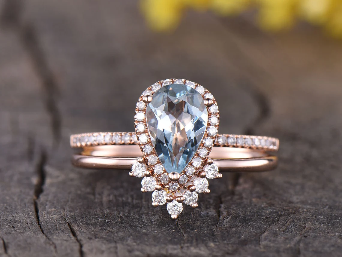 pear halo aquamarine ring set-teardrop aquamarine rings-bbbgem aquamarine jewelry