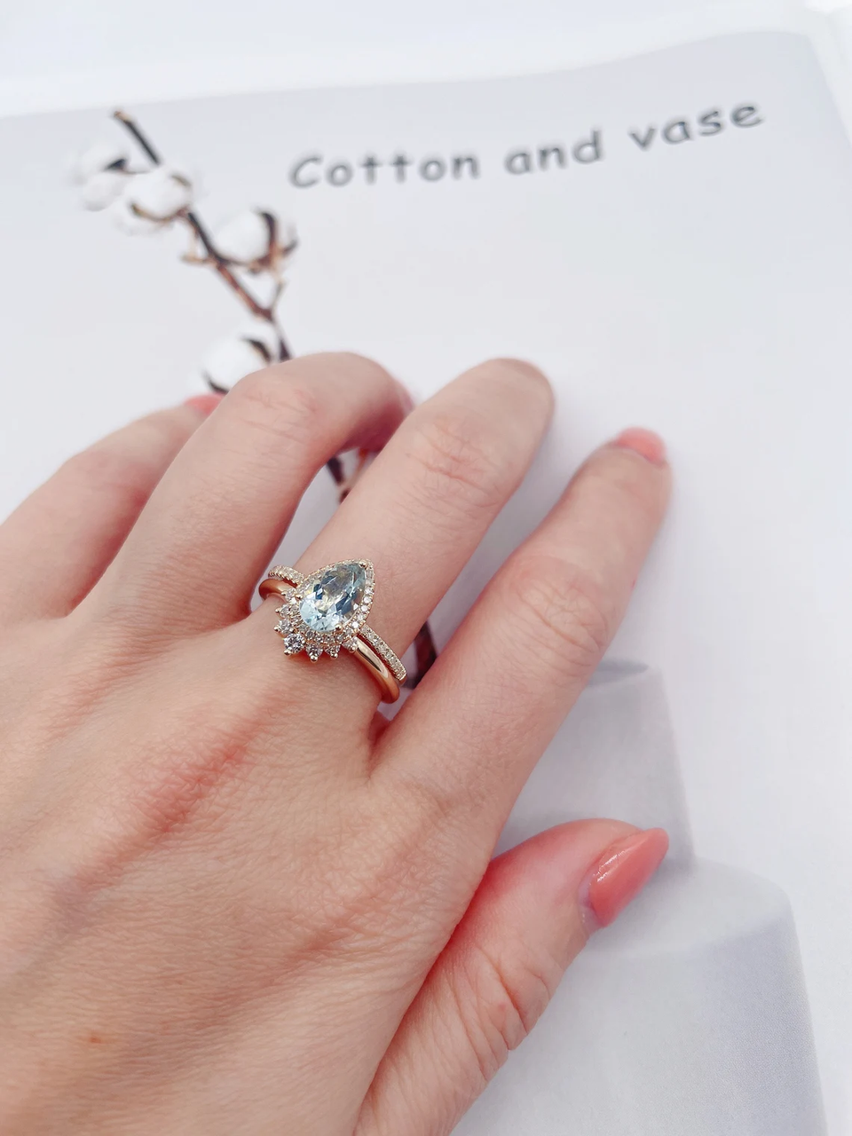 pear halo aquamarine ring set-teardrop aquamarine rings-bbbgem aquamarine jewelry