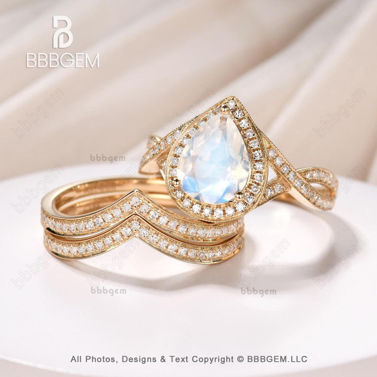 pear moonstone yellow gold ring set 3pcs-halo natural moonstone halo infinity ring set-moonstone cocktail ring set 3pcs-bbbgem