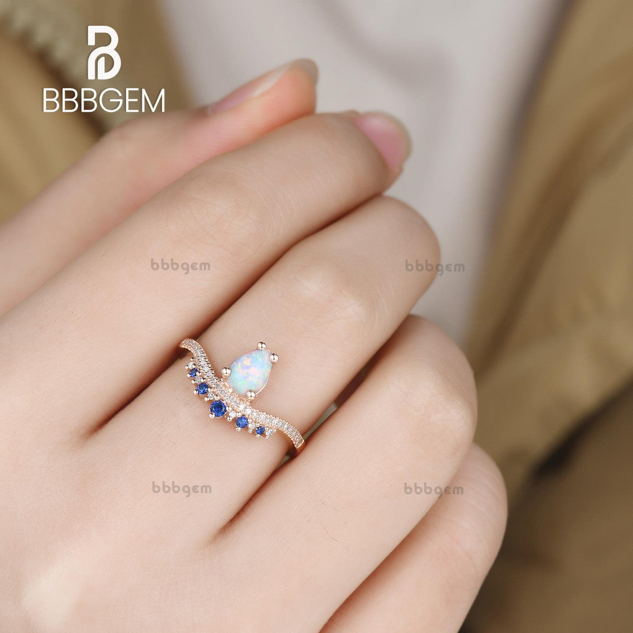 pear opal engagement ring with sapphire diamond-curved crown opal sapphire engagement ring