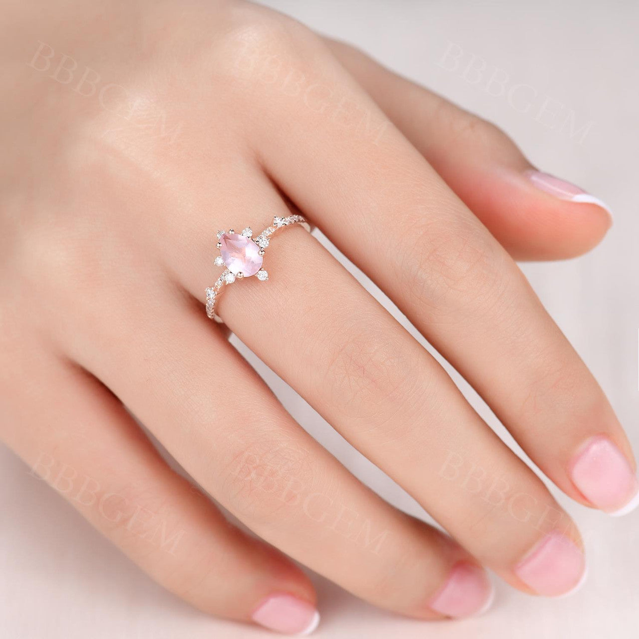 pear shape rose quartz ring-pink gold rose quartz rings-pink gold rose crystal engagement ring-bbbgem