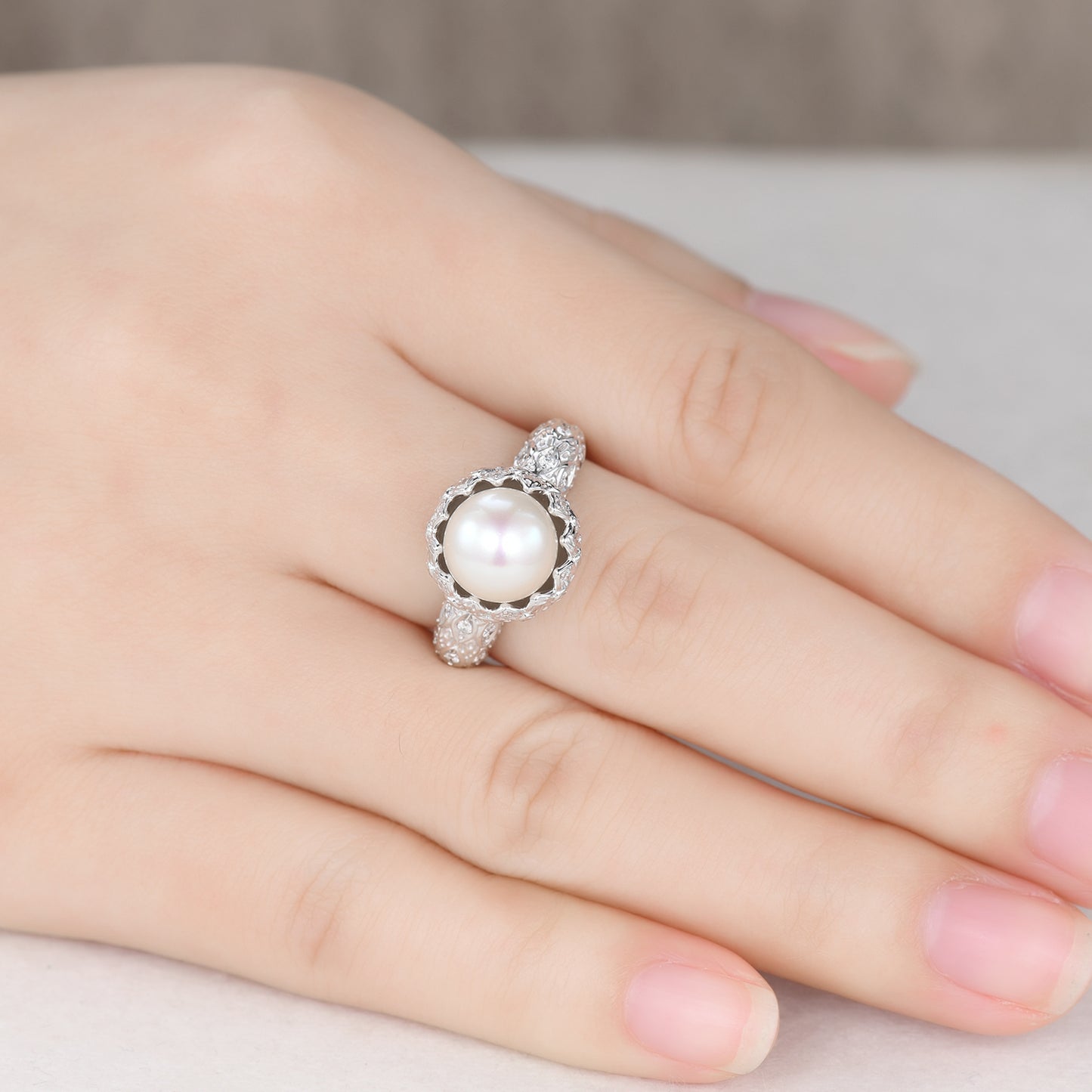 Unique 9mm Pearl Engagement Ring Round Cut Vintage Lotus Diamond White Gold Ring