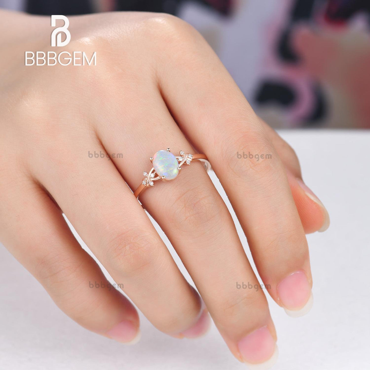 petite natural opal engagement ring-3 stone oval opal wedding ring rose gold-bbbgem opal bridal ring 14k