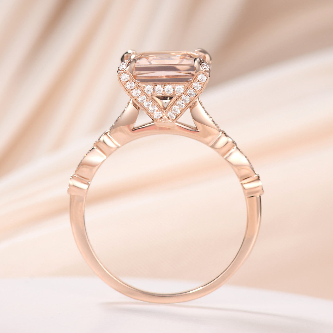princess cut morganite engagement ring-diamond halo morganite ring
