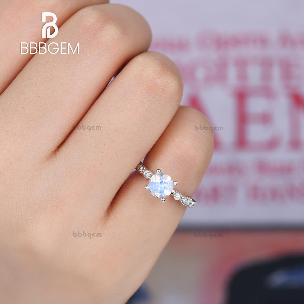 rainbow moonstone engagement ring-14k white gold blue moonstone wedding ring-bbbgem women jewelry