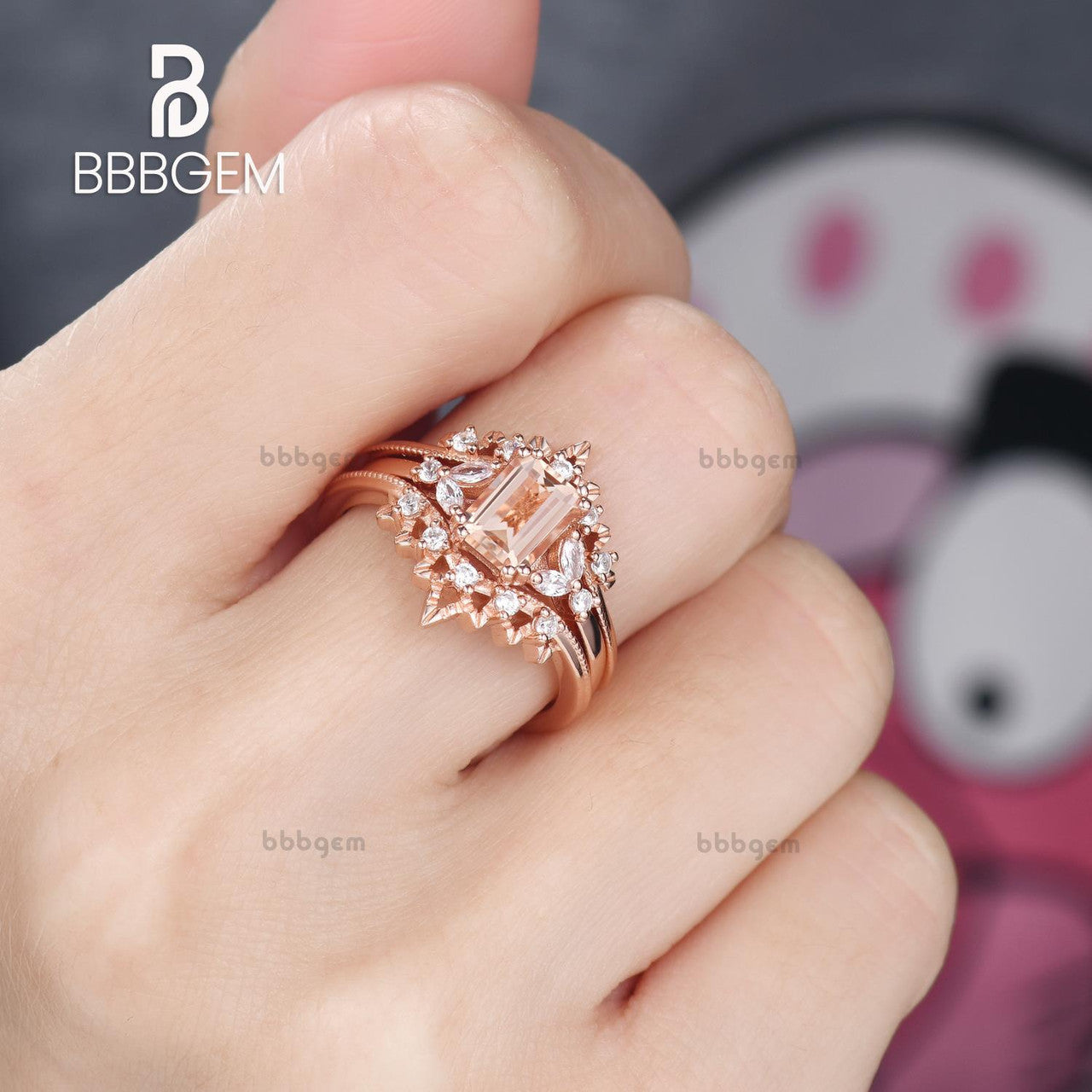ring enhancer for emerald cut morganite-emerald cut morganite ring set enhancer band-bbbgem morganite rose gold nested diamond ring band stack