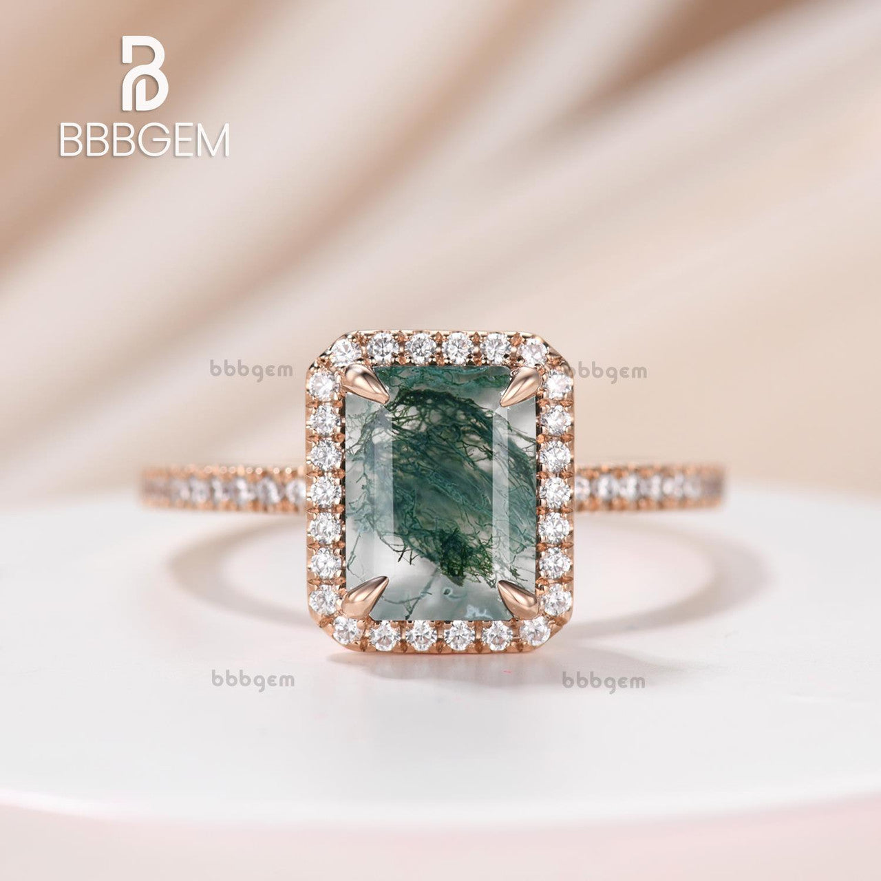 rose gold emerald cut moss agate enagegment ring-diamond halo emerald moss green agate wedding ring-bbbgem moss agate diamong halo ring
