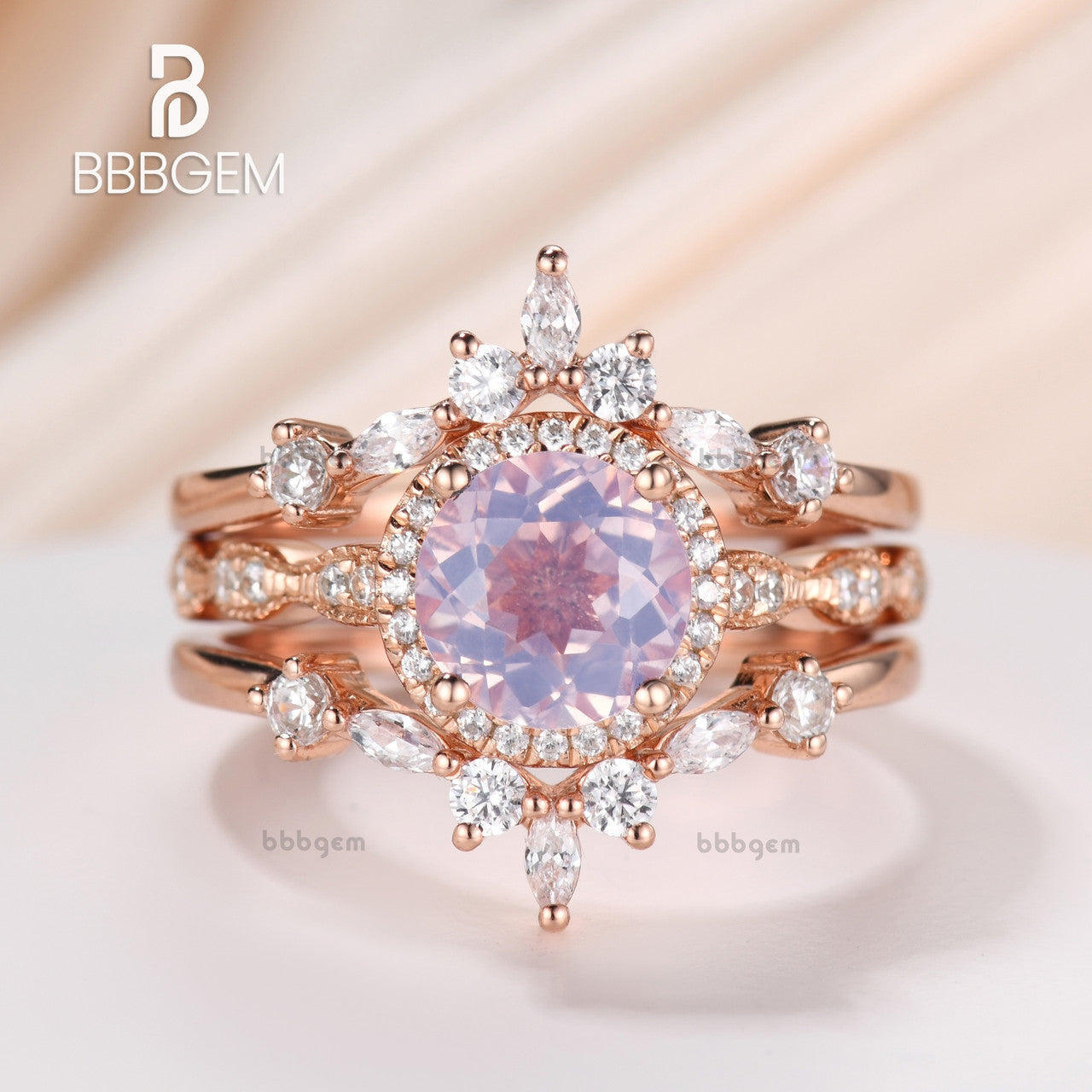 round Lavender Crystals ring set with enhancer band-diamond halo round lavender crystal wedding ring set enhancer double band-bbbgem lavender crystal engagement ring set rose gold
