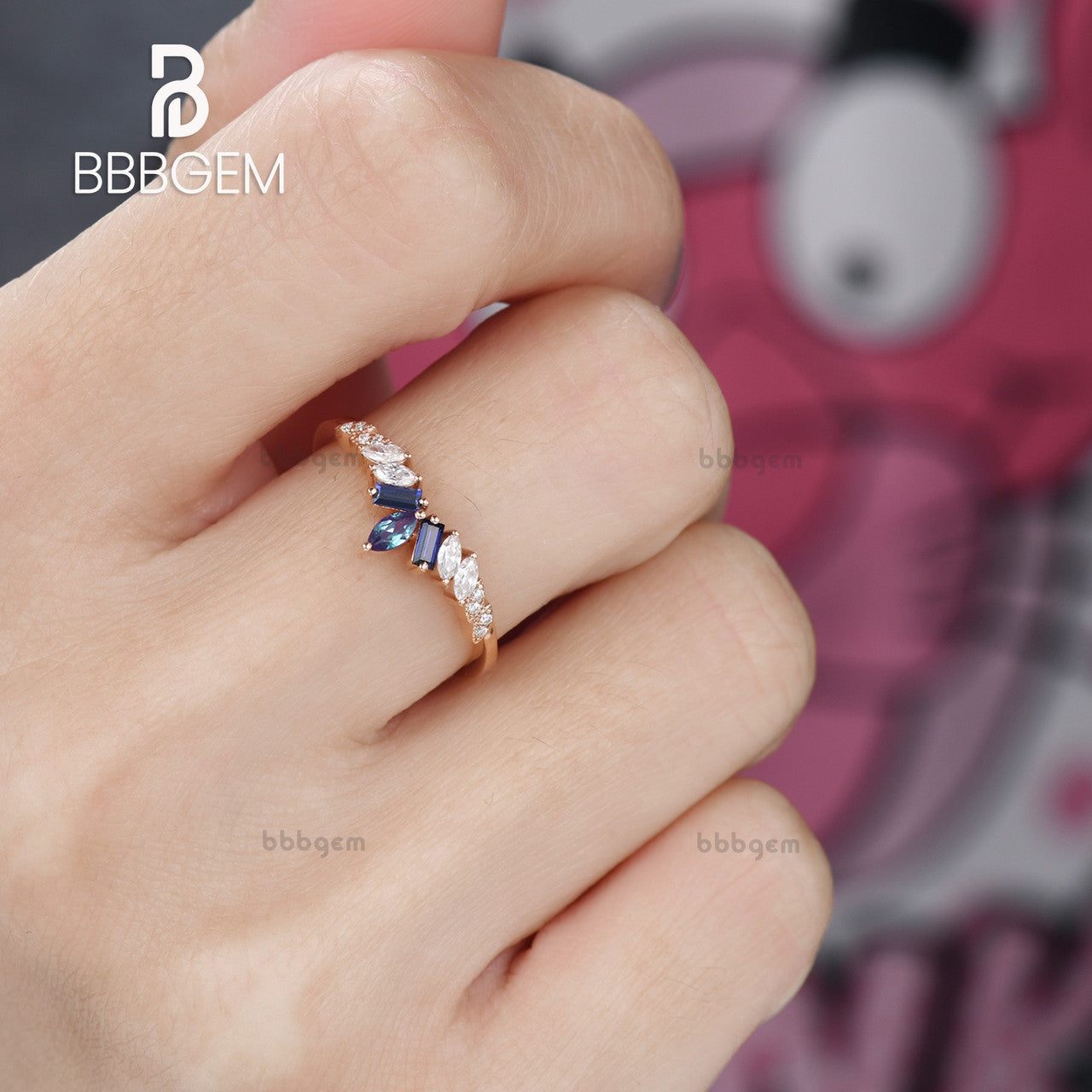 Art Deco Marquise Alexandrite And Baguette Sapphire Moissanite Wedding Band-Women Wedding Band Rose Gold