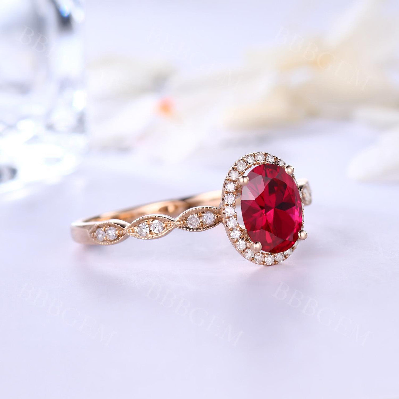ruby and diamond engagement ring-diamond halo ruby engagement ring scalloped band-bbbgem ruby wedding ring rose gold