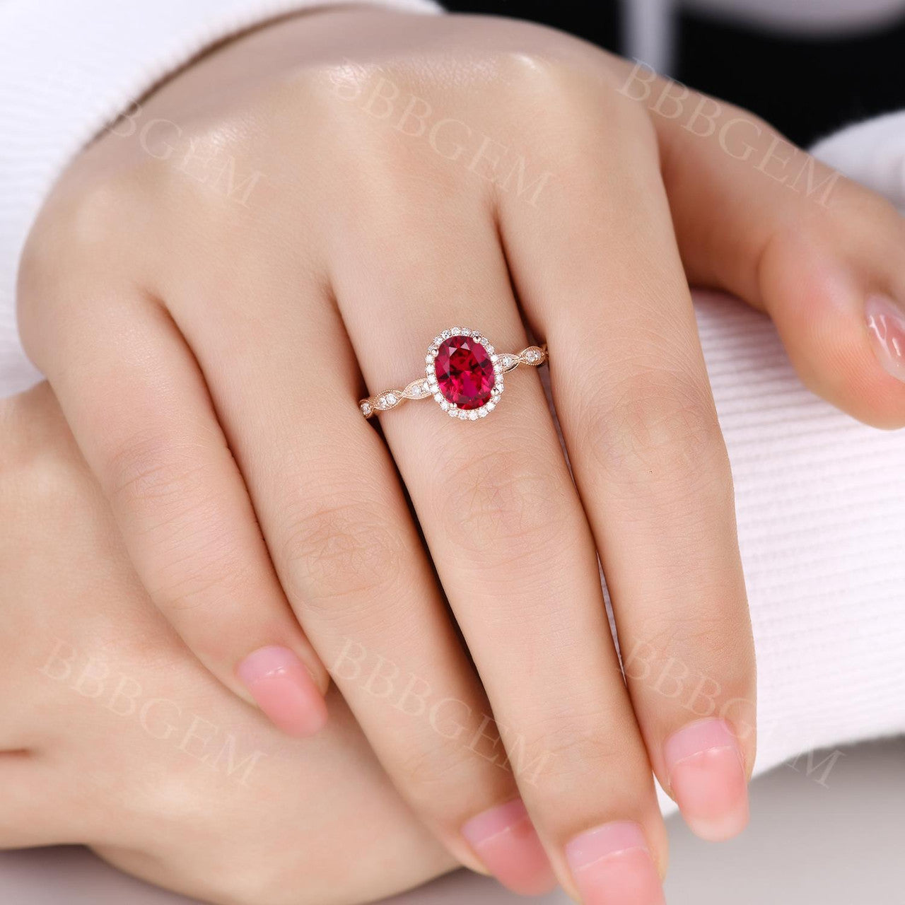 ruby and diamond engagement ring-diamond halo ruby engagement ring scalloped band-bbbgem ruby wedding ring rose gold