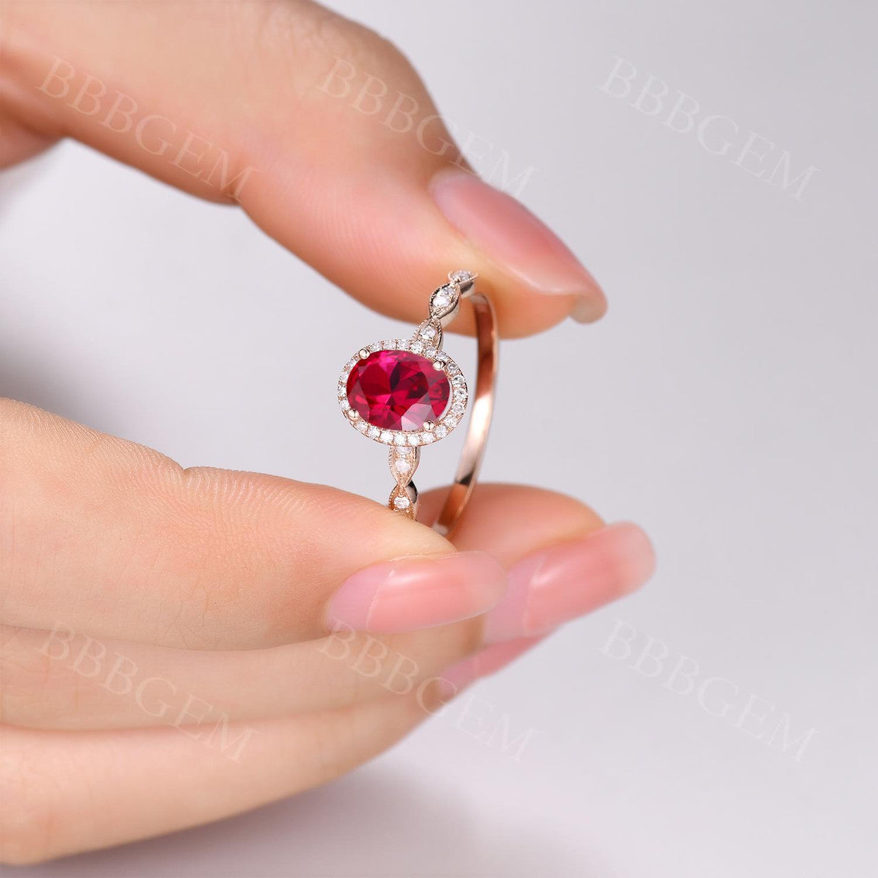 ruby and diamond engagement ring-diamond halo ruby engagement ring scalloped band-bbbgem ruby wedding ring rose gold