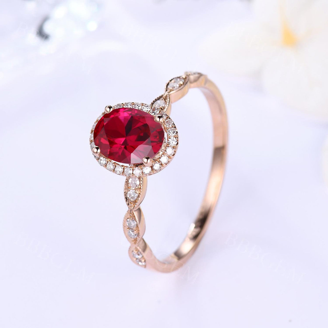 ruby and diamond engagement ring-diamond halo ruby engagement ring scalloped band-bbbgem ruby wedding ring rose gold