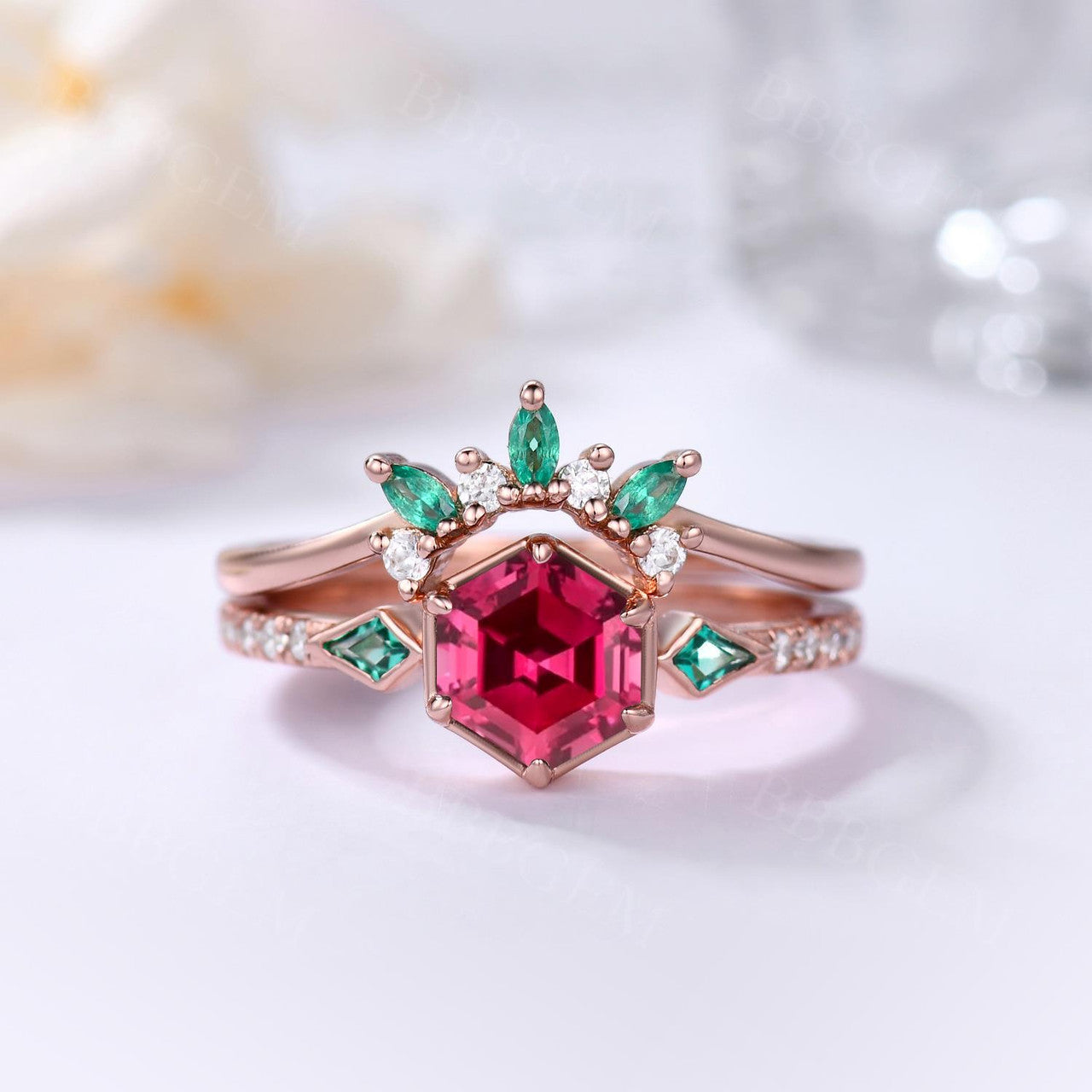 ruby and emerald bridal set-hexagon lab ruby with kite emerald sidestones wedding ring set-bbbgem ruby emerald engagement ring set