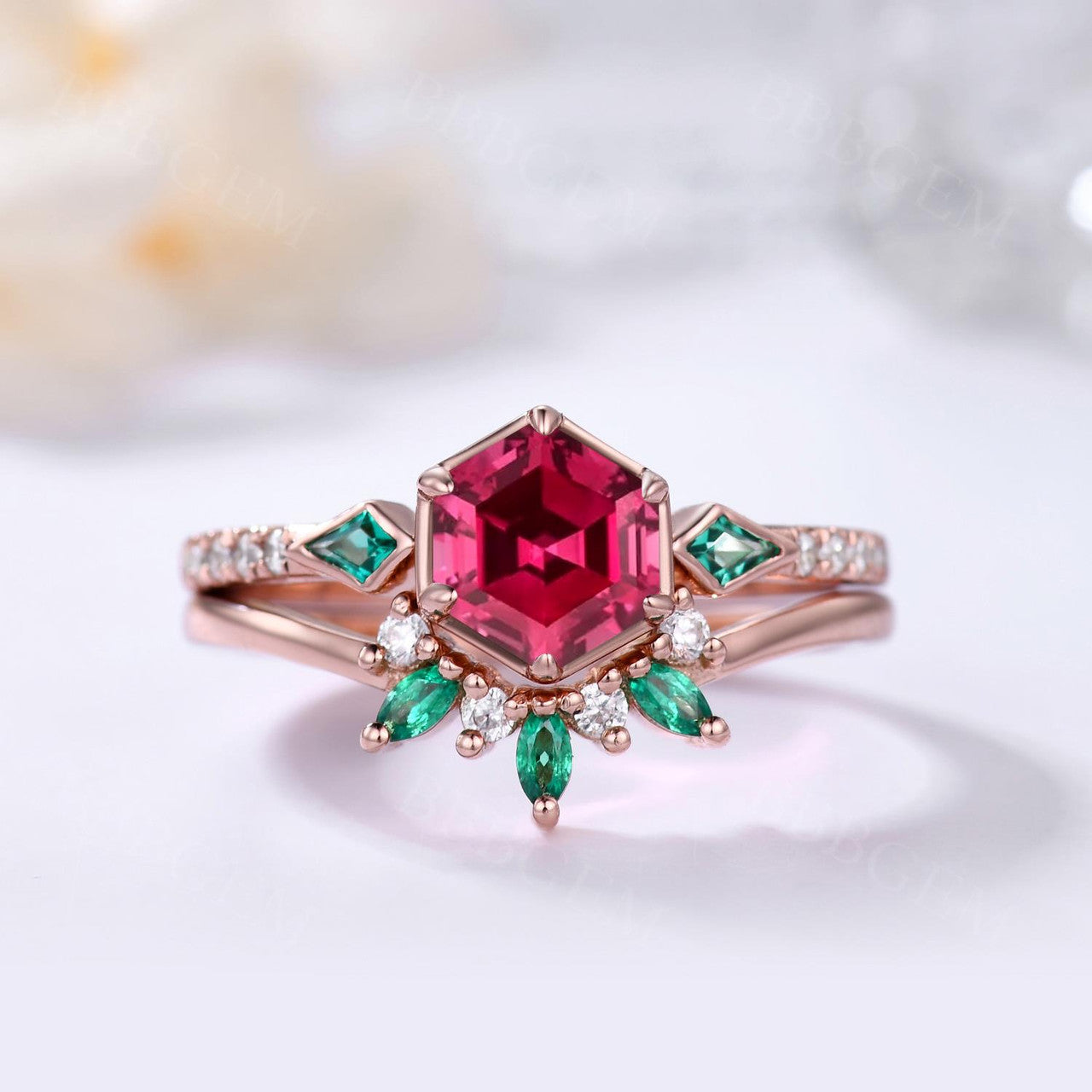 ruby and emerald bridal set-hexagon lab ruby with kite emerald sidestones wedding ring set-bbbgem ruby emerald engagement ring set
