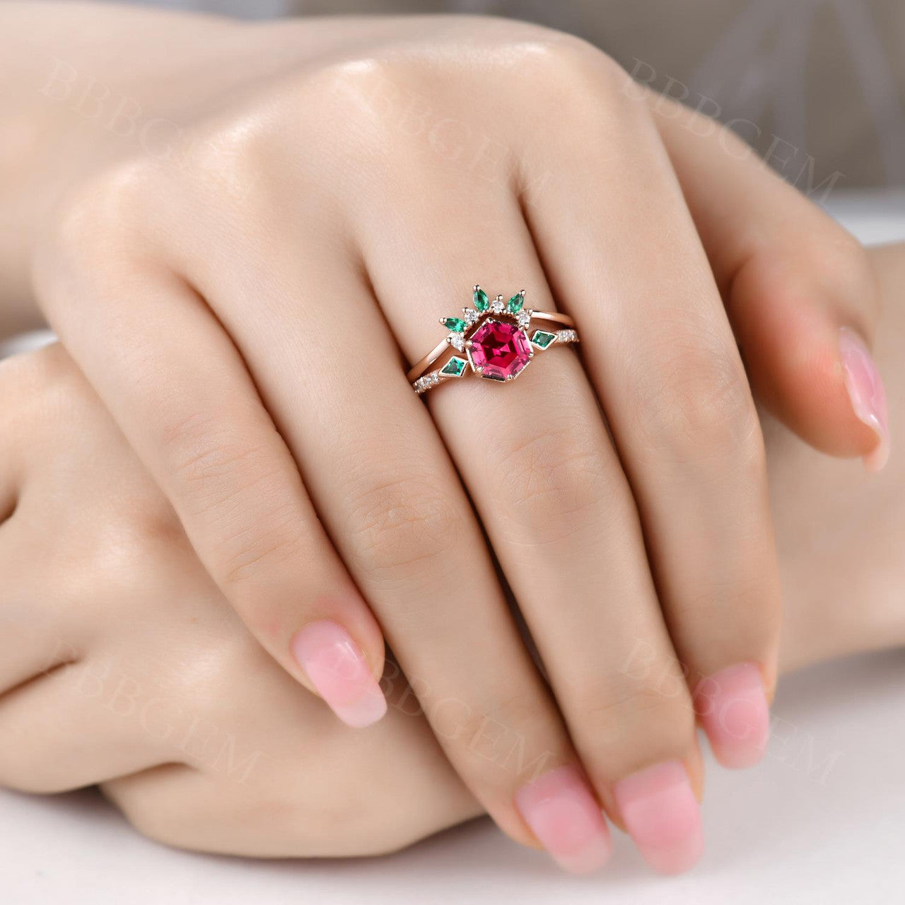 ruby and emerald bridal set-hexagon lab ruby with kite emerald sidestones wedding ring set-bbbgem ruby emerald engagement ring set