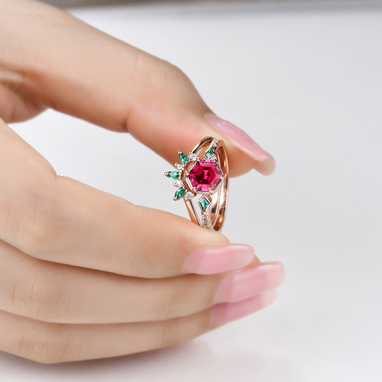 ruby and emerald bridal set-hexagon lab ruby with kite emerald sidestones wedding ring set-bbbgem ruby emerald engagement ring set