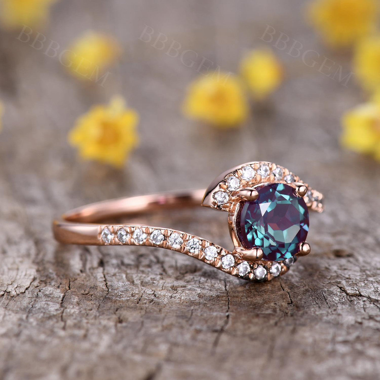 swirl engagement ring- swirl halo alexandrite ring-bbbgem 14k alexandrite swirl rings