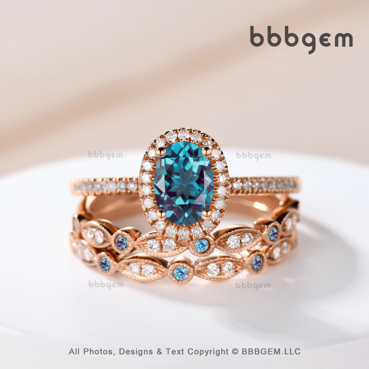 Marquise and Round Alexandrite Diamond Wedding Ring Milgrain Rose Gold Half Eternity Anniversary Band