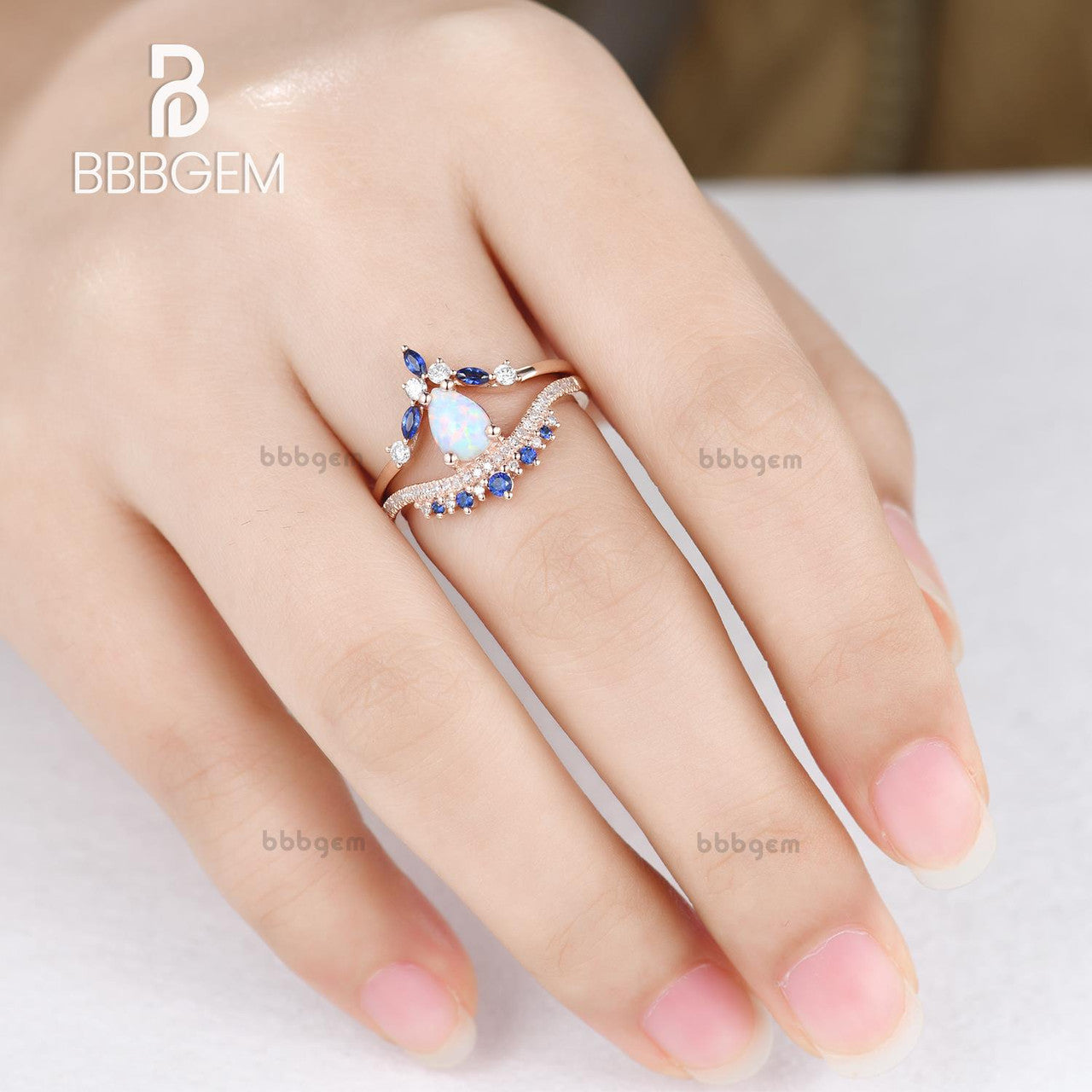 three piece sapphire engagement ring set-teardrop opal sapphire wedding ring sets