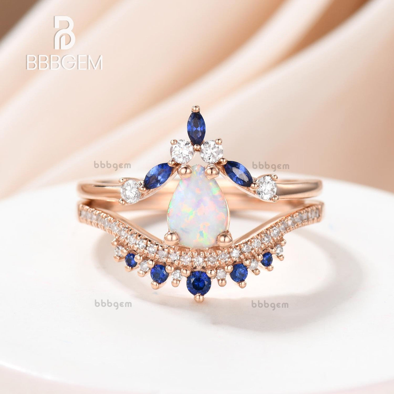 Pear Shaped Opal Engagement Ring Diamond Wedding Set Curve Blue Sapphire Stacking Band Bridal Set