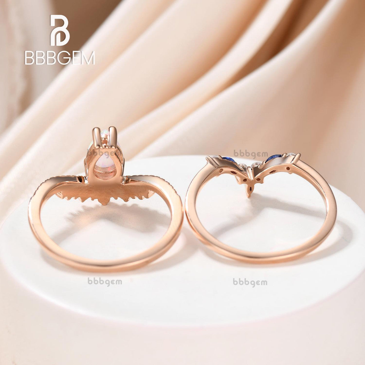 three piece sapphire engagement ring set-teardrop opal sapphire wedding ring sets