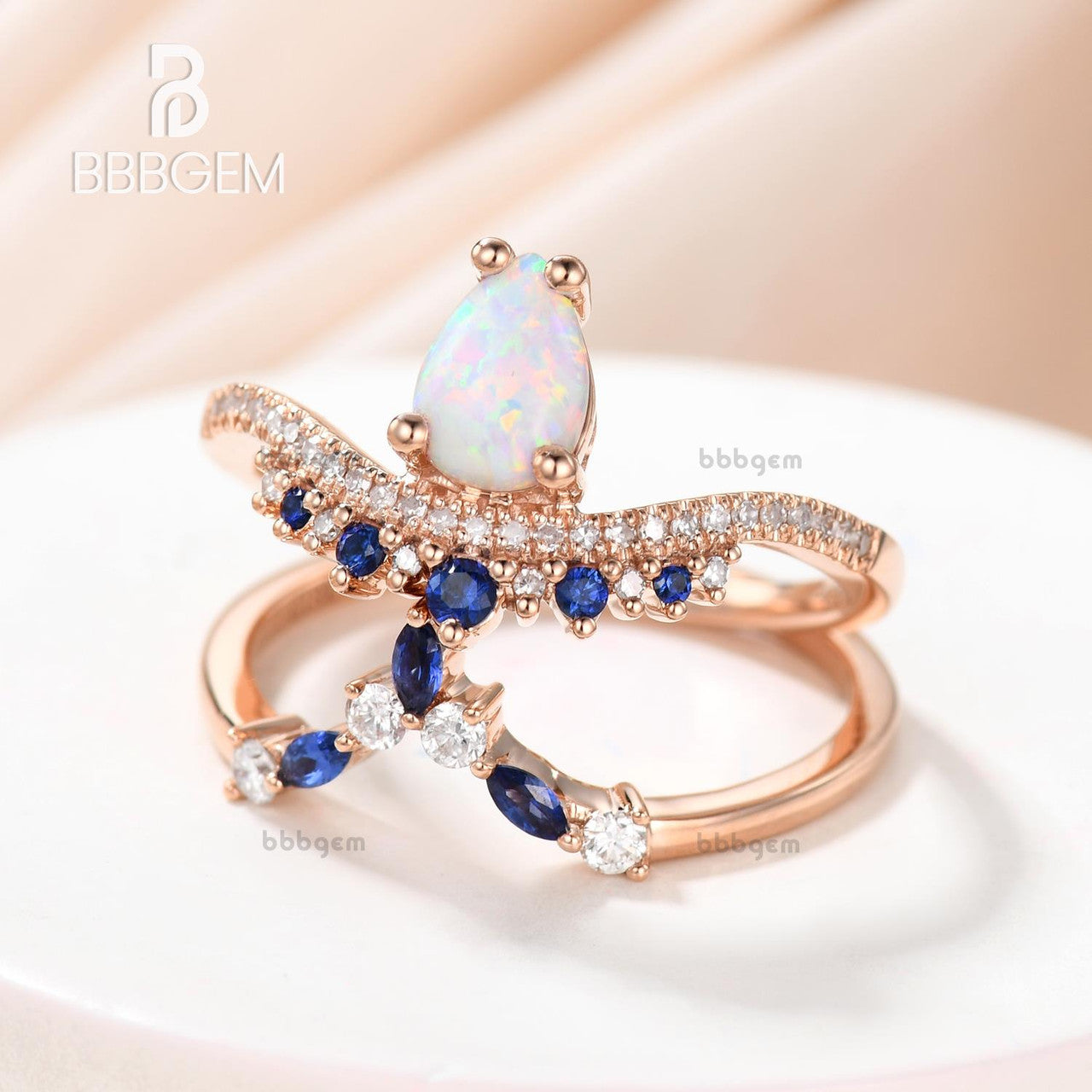 Pear Shaped Opal Engagement Ring Diamond Wedding Set Curve Blue Sapphire Stacking Band Bridal Set